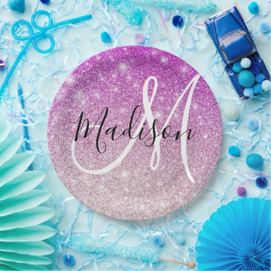 Girly & Glam Purple Glitter Sparkles Monogram Name Pappteller (Party)