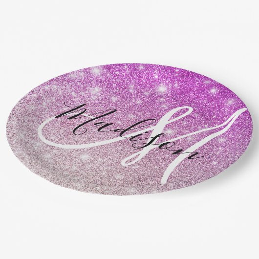 Girly & Glam Purple Glitter Sparkles Monogram Name Pappteller (Schrägansicht)
