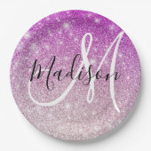 Girly & Glam Purple Glitter Sparkles Monogram Name Pappteller (Vorderseite)