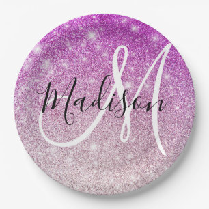 Girly & Glam Purple Glitter Sparkles Monogram Name Pappteller