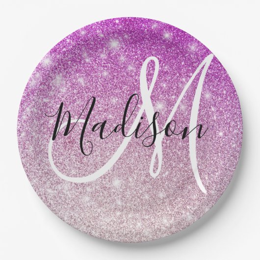 Girly & Glam Purple Glitter Sparkles Monogram Name Pappteller (Vorderseite)