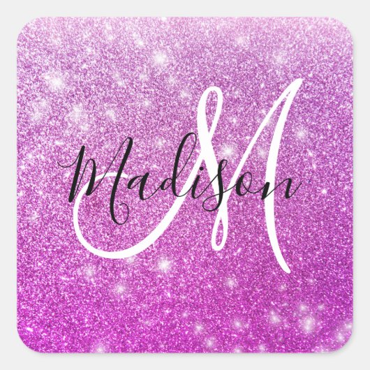 Girly & Glam Purple Glitter Sparkles Monogram Name Quadratischer Aufkleber (Vorderseite)