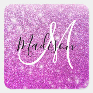 Girly & Glam Purple Glitter Sparkles Monogram Name Quadratischer Aufkleber