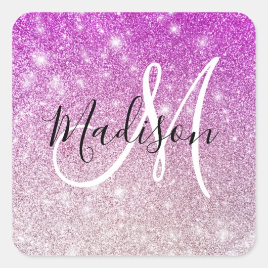 Girly & Glam Purple Glitter Sparkles Monogram Name Quadratischer Aufkleber (Vorderseite)