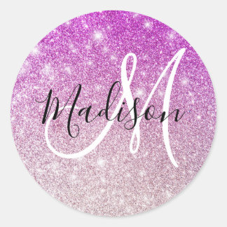 Girly & Glam Purple Glitter Sparkles Monogram Name Runder Aufkleber