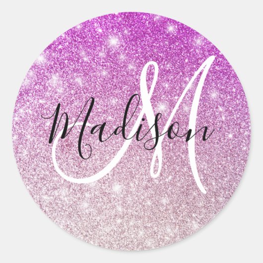 Girly & Glam Purple Glitter Sparkles Monogram Name Runder Aufkleber (Vorderseite)