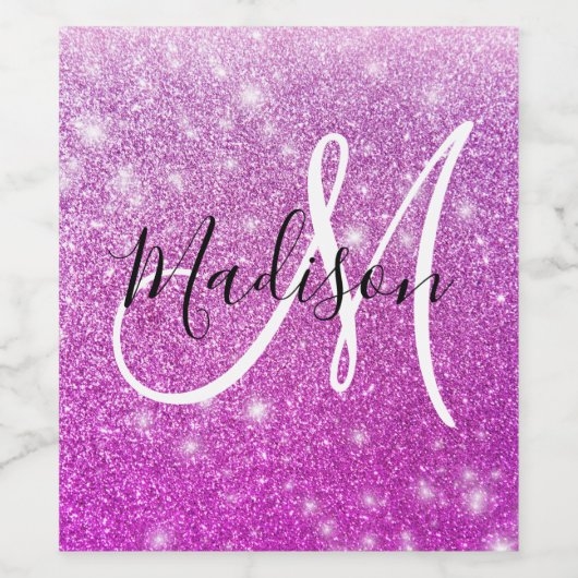 Girly & Glam Purple Glitter Sparkles Monogram Name Weinetikett (Einzelnes Label)