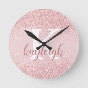 Girly Glam Rose Gold Glitzer Monogram Sparkname Runde Wanduhr