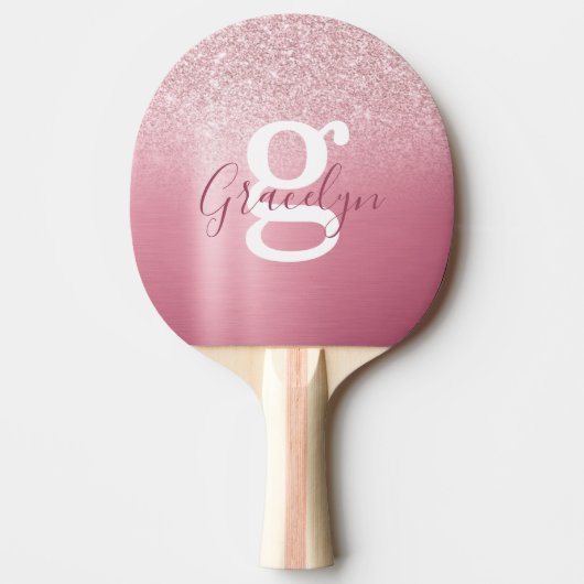Girly Glam Rose Rosa Glitzer Monogram Script Name Tischtennis Schläger (Vorderseite)
