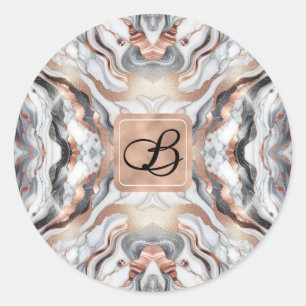 Girly Glam Roségold Silber & Weiß Marmor Initiale Runder Aufkleber