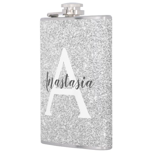 Girly Glam Silver Glitzer Glitzern Monogram Name Flachmann (Links)