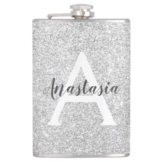 Girly Glam Silver Glitzer Glitzern Monogram Name Flachmann (Vorderseite)