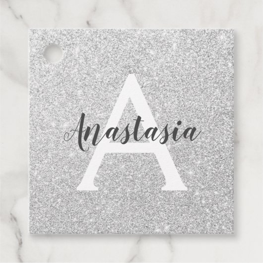 Girly Glam Silver Glitzer Glitzern Monogram Name Geschenkanhänger (Vorderseite)