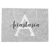 Girly Glam Silver Glitzer Glitzern Monogram Name Große Geschenktüte (Rückseite)