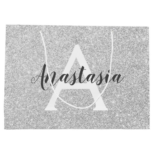 Girly Glam Silver Glitzer Glitzern Monogram Name Große Geschenktüte (Rückseite)