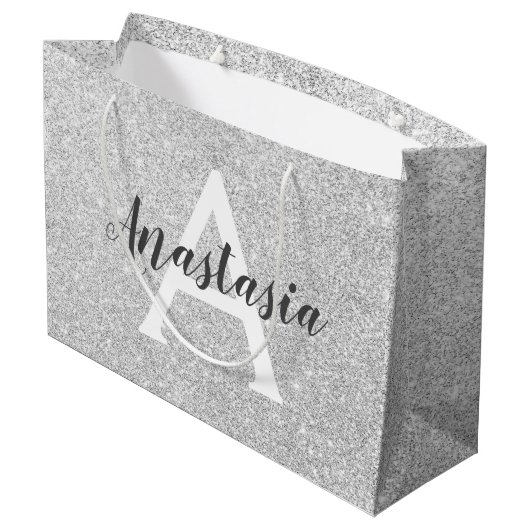 Girly Glam Silver Glitzer Glitzern Monogram Name Große Geschenktüte (Rückseite Schrägansicht)