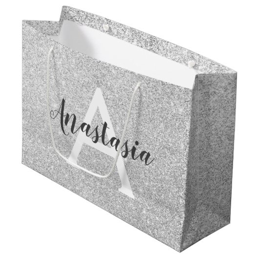 Girly Glam Silver Glitzer Glitzern Monogram Name Große Geschenktüte (Vorderseite Schrägansicht)