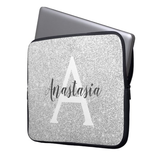 Girly Glam Silver Glitzer Glitzern Monogram Name Laptopschutzhülle (Vorderseite Links)