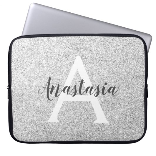 Girly Glam Silver Glitzer Glitzern Monogram Name Laptopschutzhülle (Vorderseite)