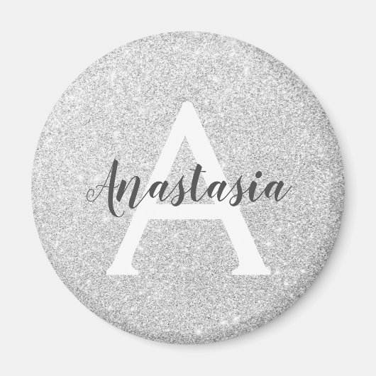 Girly Glam Silver Glitzer Glitzern Monogram Name Magnet (Vorne)