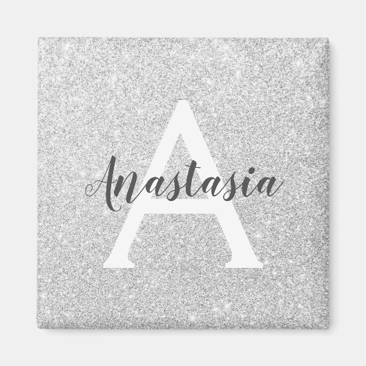 Girly Glam Silver Glitzer Glitzern Monogram Name Magnet (Vorne)