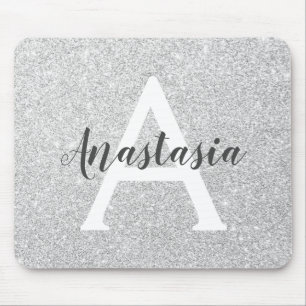 Girly Glam Silver Glitzer Glitzern Monogram Name Mousepad