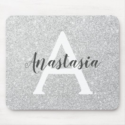 Girly Glam Silver Glitzer Glitzern Monogram Name Mousepad (Vorne)