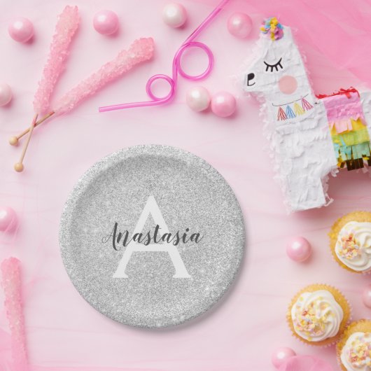 Girly Glam Silver Glitzer Glitzern Monogram Name Pappteller (Party)