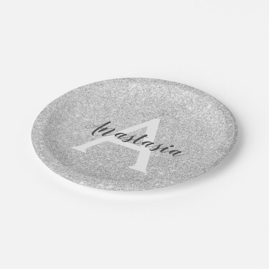 Girly Glam Silver Glitzer Glitzern Monogram Name Pappteller (Schrägansicht)