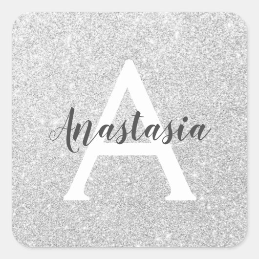 Girly Glam Silver Glitzer Glitzern Monogram Name Quadratischer Aufkleber (Vorderseite)