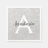 Girly Glam Silver Glitzer Glitzern Monogram Name Serviette (Vorderseite)