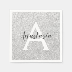 Girly Glam Silver Glitzer Glitzern Monogram Name Serviette