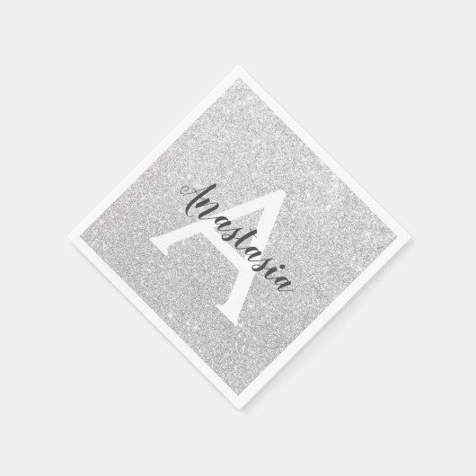 Girly Glam Silver Glitzer Glitzern Monogram Name Serviette (Ecke)