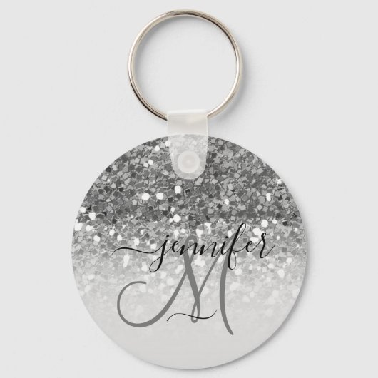Girly Glam Silver Glitzer Luxus Monogram Name Schlüsselanhänger (Vorderseite)