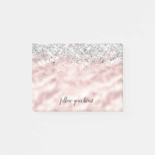 Girly Glam Silver Pink Herz Personalisiert Post-it Klebezettel (Vorderseite)