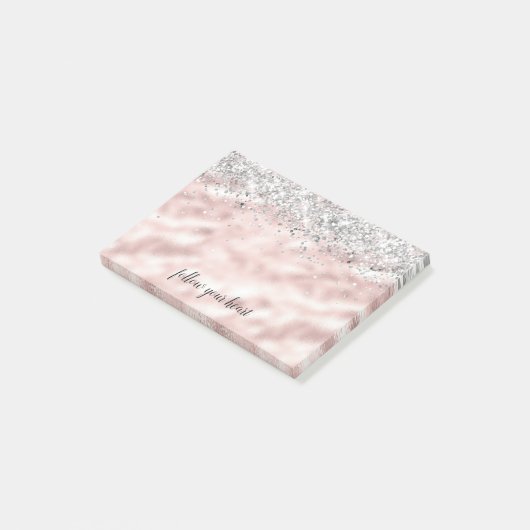 Girly Glam Silver Pink Herz Personalisiert Post-it Klebezettel (angewinkelt)