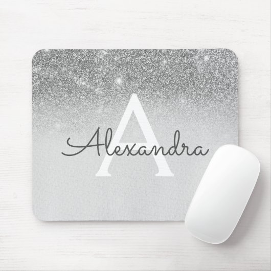 Girly Glam Silver Sparkle Glitzer Monogram Ombre Mousepad (Mit Mouse)