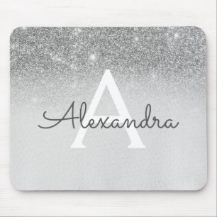 Girly Glam Silver Sparkle Glitzer Monogram Ombre Mousepad