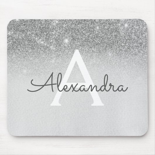 Girly Glam Silver Sparkle Glitzer Monogram Ombre Mousepad (Vorne)
