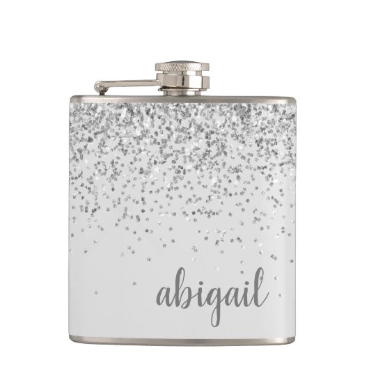 Girly Glitter personalisierter silberner Monogramm Flachmann (Vorderseite)