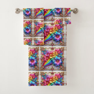 Girly Glitter Rainbow Flowers Towel Set
