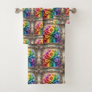 Girly Glitter Rainbow Flowers Towel Set