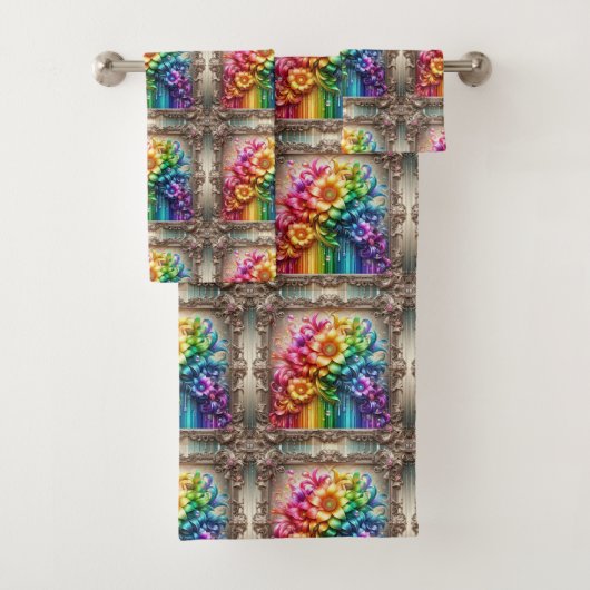 Girly Glitter Rainbow Flowers Towel Set (Insitu)
