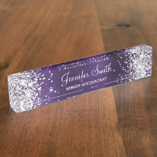 Girly Glitterndes Silber-Dunkelviolett-Folie Namensplakette