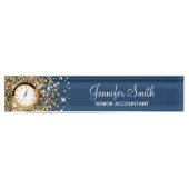 Girly Glittery Gold Glam Navy Blue Namensplakette (Vorderseite)