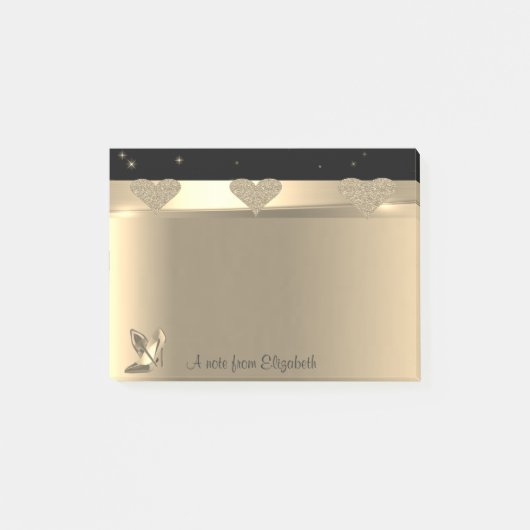Girly Glittery Goldherzen, High Heels Personalisie Post-it Klebezettel (Vorderseite)
