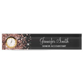 Girly Glittery Rose Gold Glam Black Namensplakette (Vorderseite)