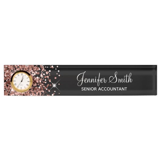 Girly Glittery Rose Gold Glam Black Namensplakette (Vorderseite)