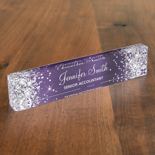 Girly Glittery Silver Dark Violet Foil Namensplakette (Seite)