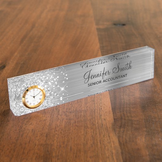 Girly Glittery Silver Glam Namensplakette (Seite)